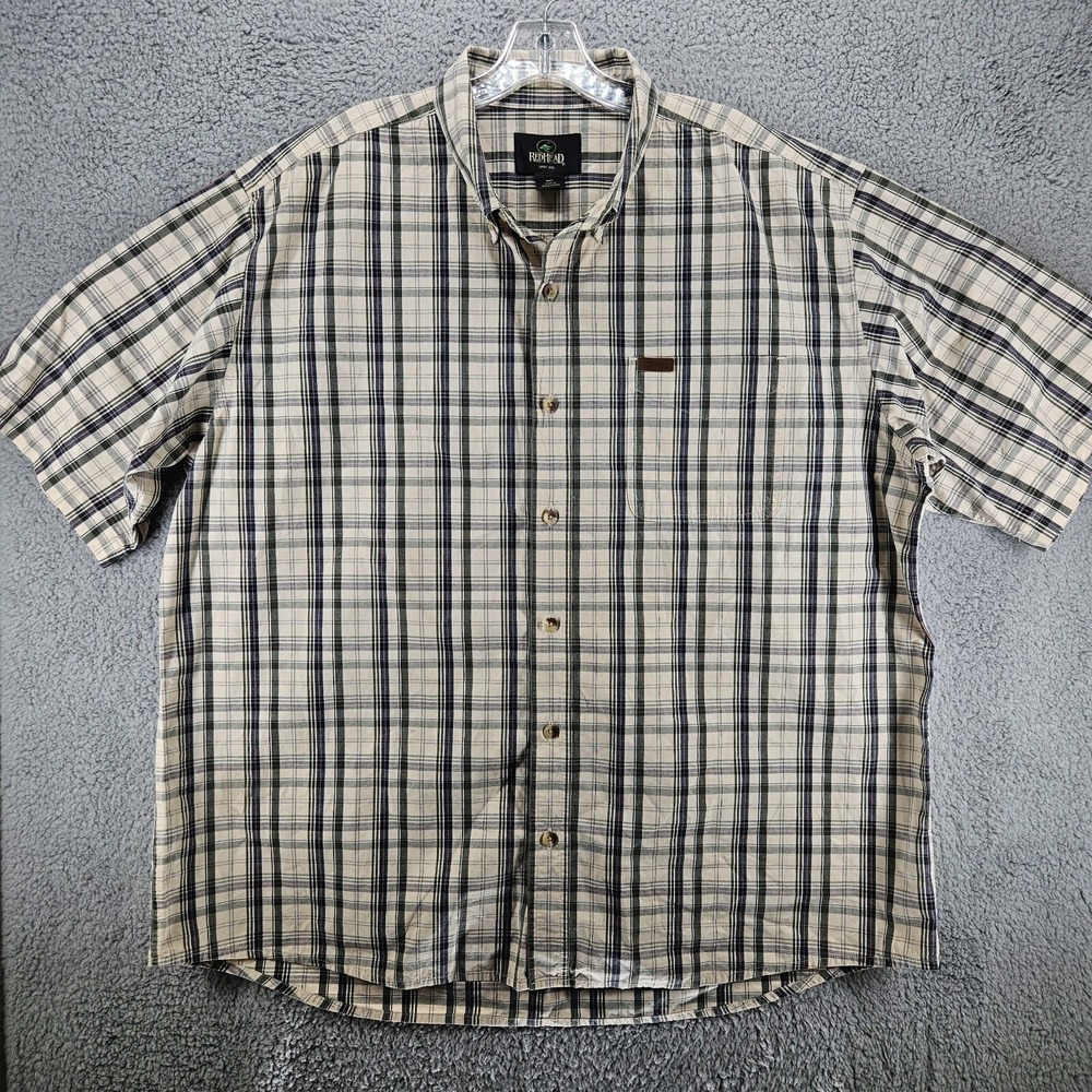 RedHead Mens 2XL Plaid Short Sleeve Button Down Shirt Cotton Cream Navy Green